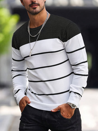 Suéter de punto a rayas azul marino para hombre – Sudadera informal de cuello redondo