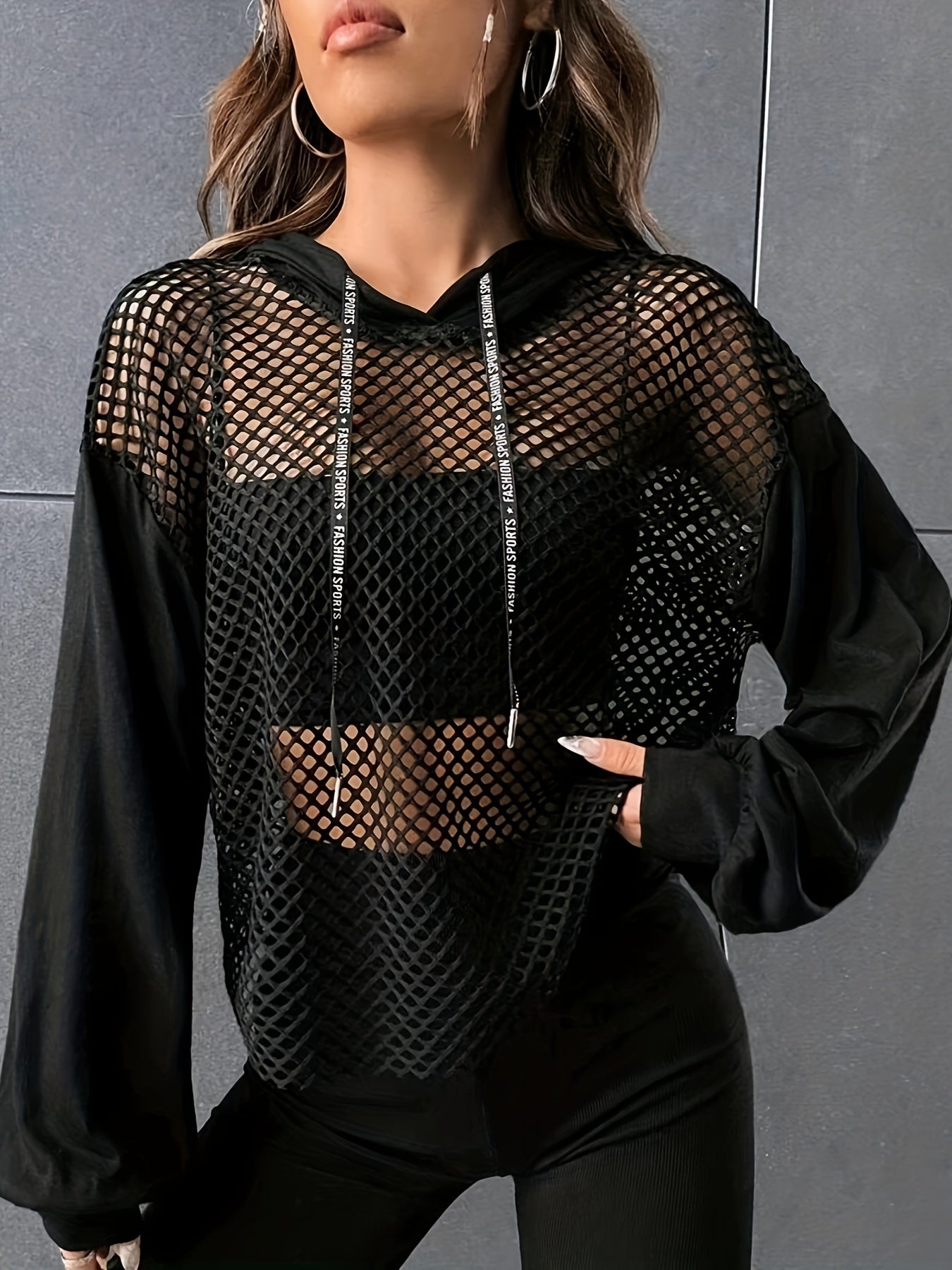 Camiseta de manga larga con capucha de malla Y2K – Top de calle transparente con contraste para mujer