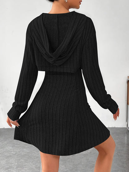 Ensemble 2 pièces côtelé pour femme – Top court à capuche et robe moulante