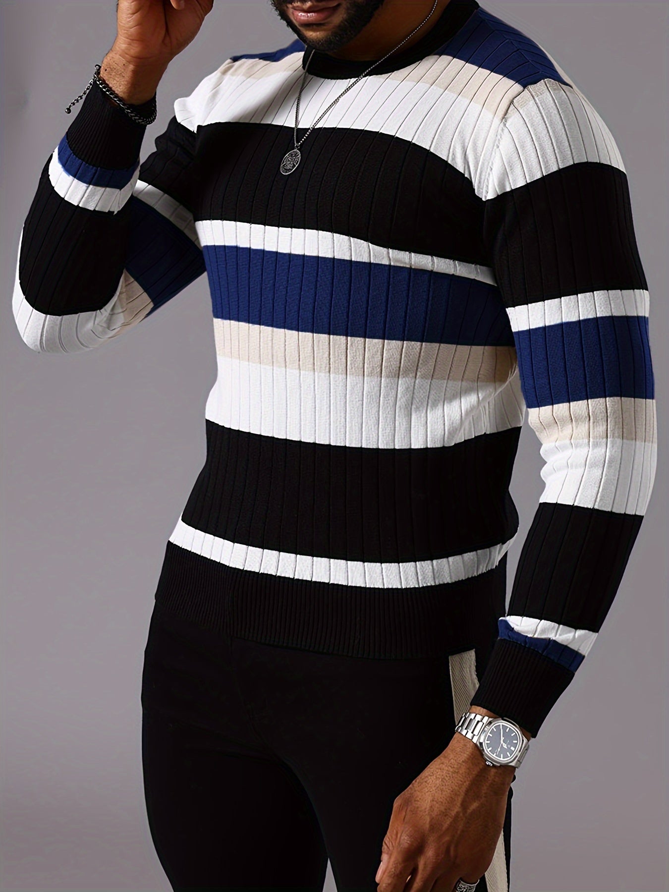 Pull rayé en tricot côtelé pour homme – Pull Color Block Automne Hiver