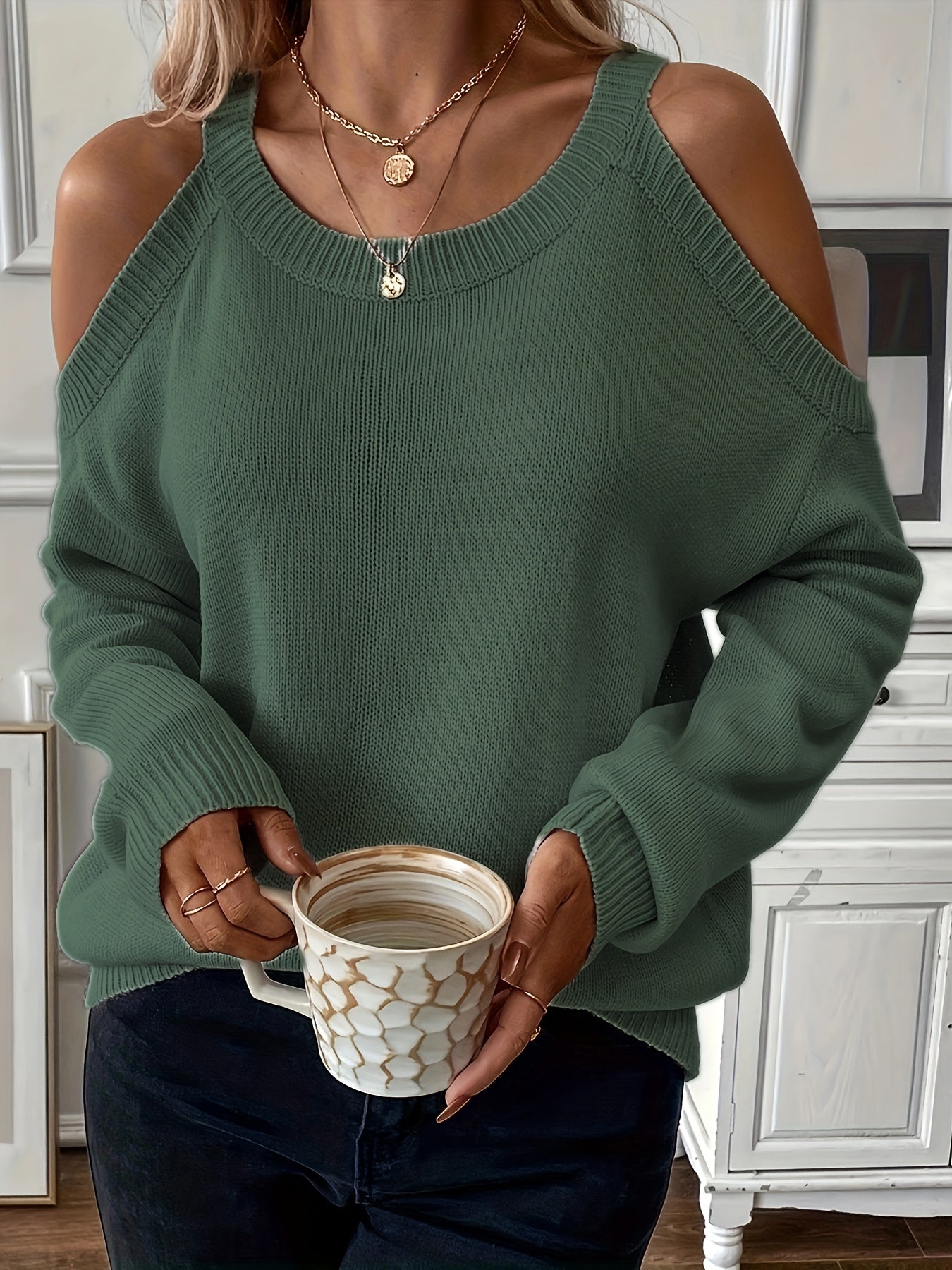 Suéter de punto suave para otoño/invierno con cuello redondo elegante para mujer