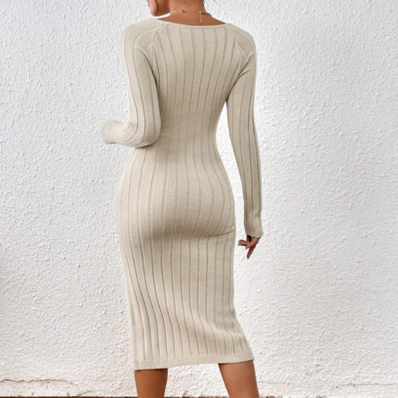 Vestido Midi de Punto con Cuello Cuadrado – Vestido Elegante Geométrico de Manga Larga