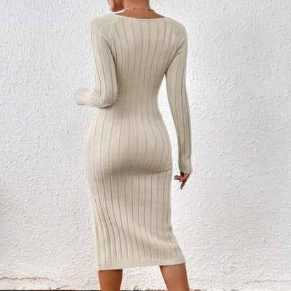 Vestido Midi de Punto con Cuello Cuadrado – Vestido Elegante Geométrico de Manga Larga
