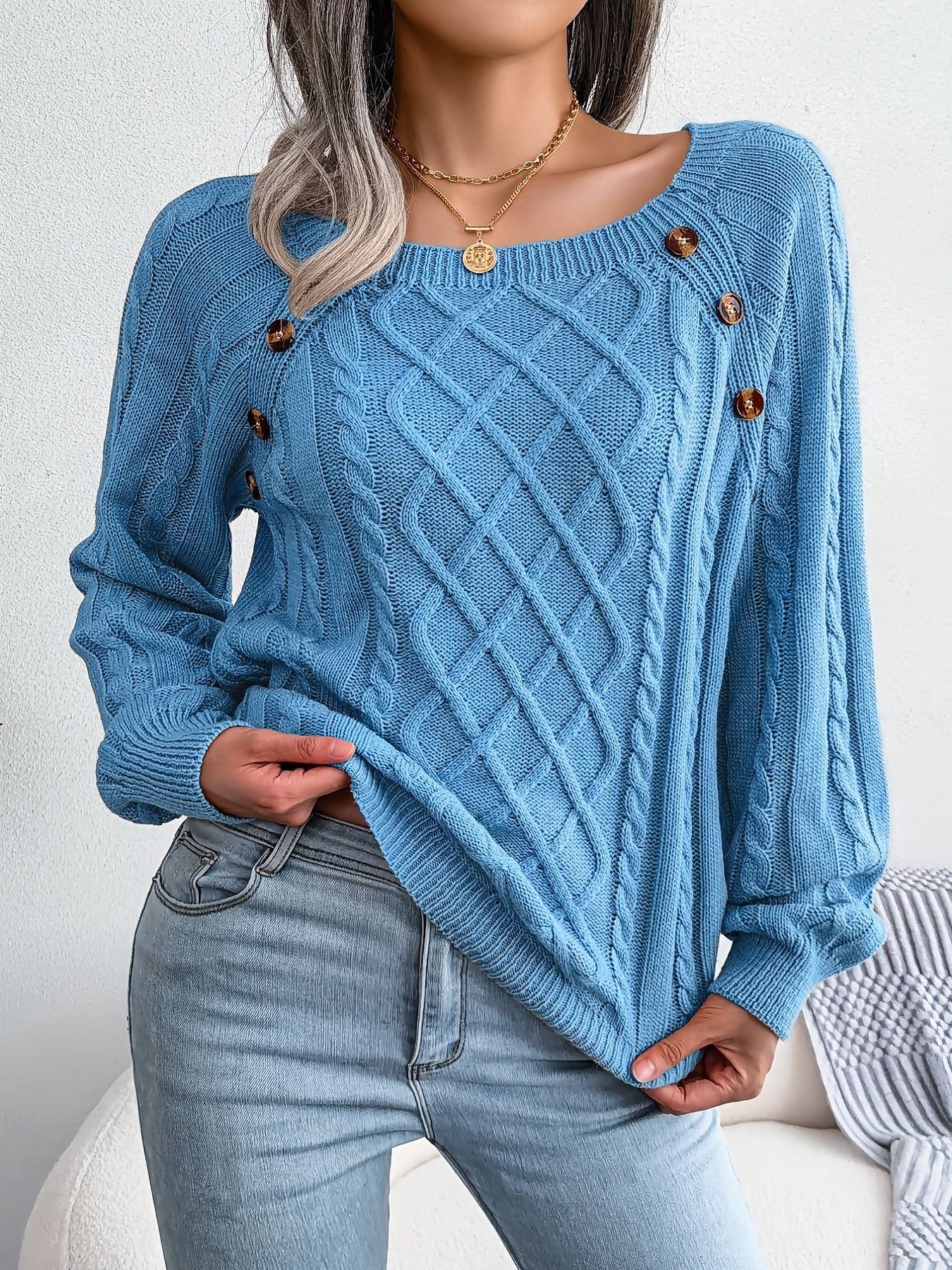 Jersey texturizado de mujer con manga farol – Top de punto con detalles de botones