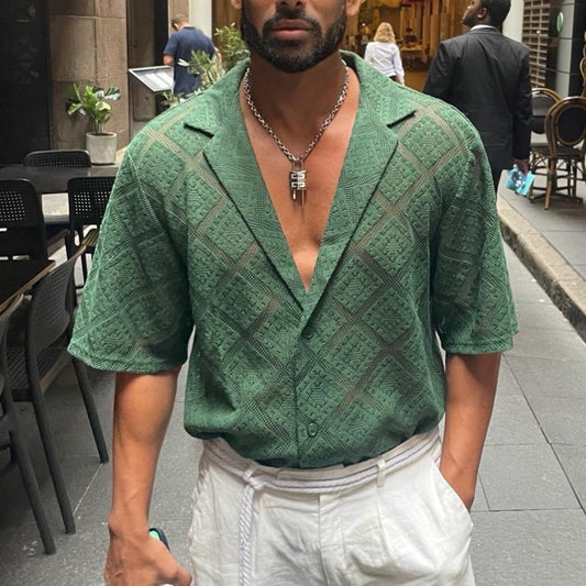 Camisa de Hombre Transpirable con Calados – Top Casual de Manga Corta con Solapa