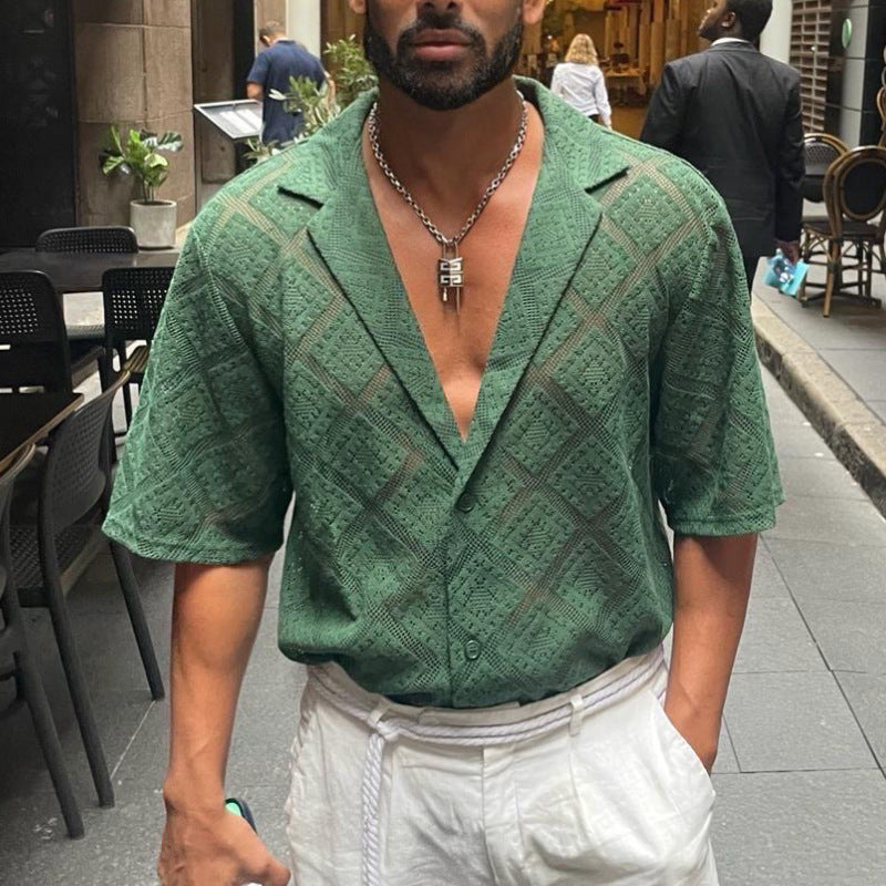 Camisa de Hombre Transpirable con Calados – Top Casual de Manga Corta con Solapa