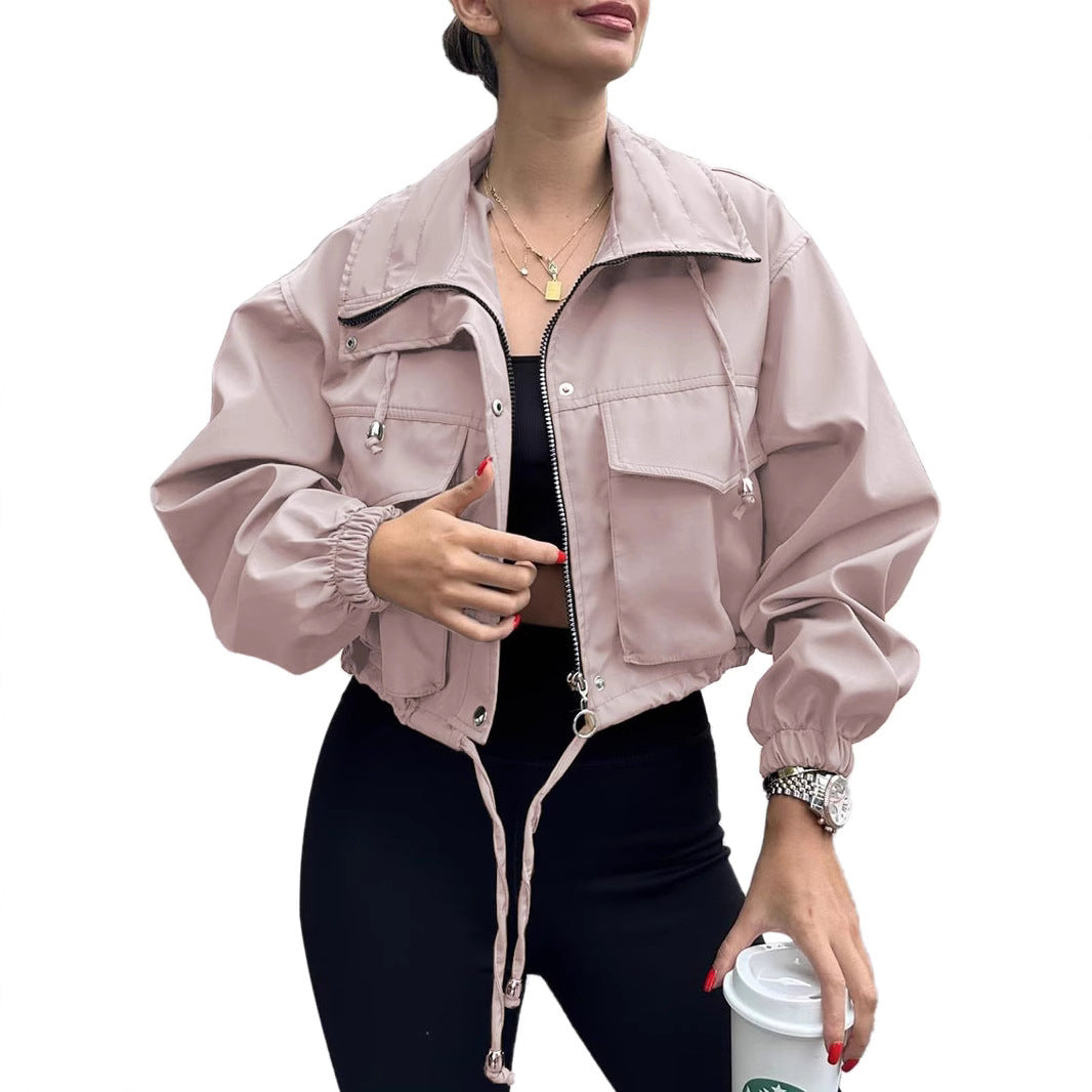 Chaqueta Trench Corta con Cremallera para Mujer – Estilo Urbano de Color Liso