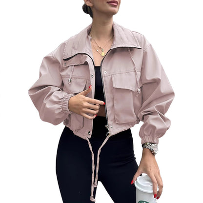 Chaqueta Trench Corta con Cremallera para Mujer – Estilo Urbano de Color Liso