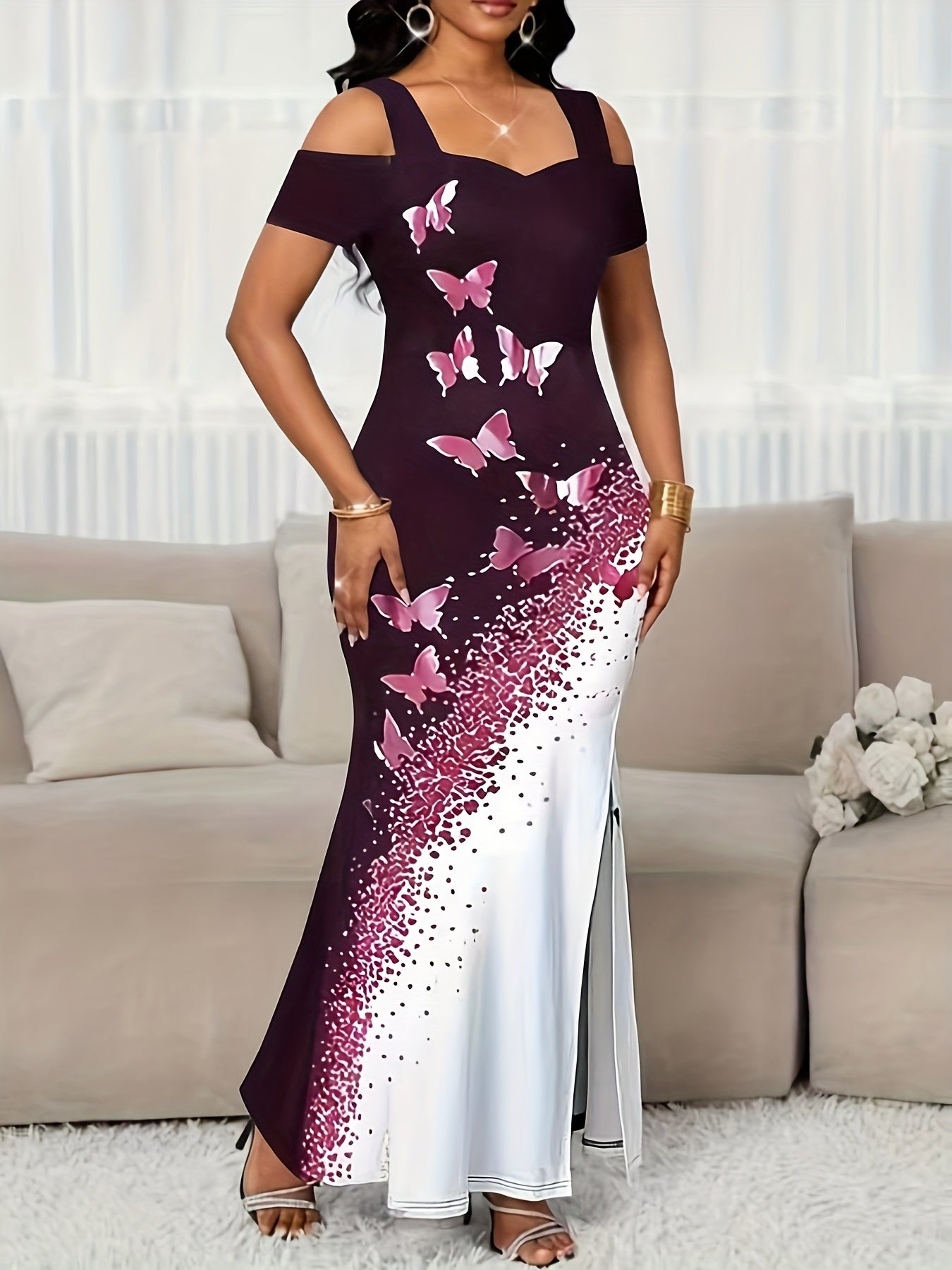Vestido de Noche Sirena con Hombros Descubiertos – Elegante Vestido Largo con Abertura Alta para Mujer
