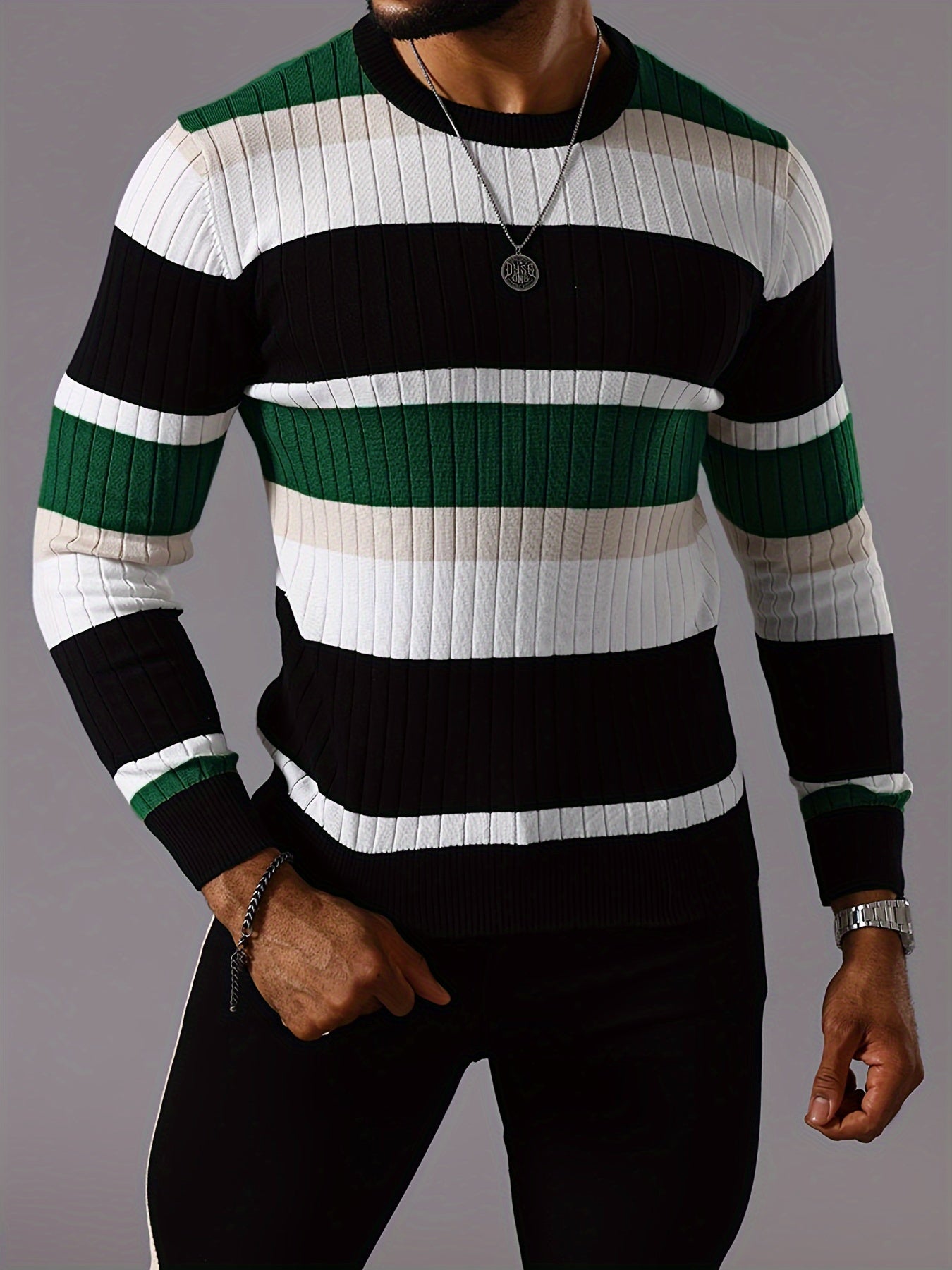 Pull rayé en tricot côtelé pour homme – Pull Color Block Automne Hiver