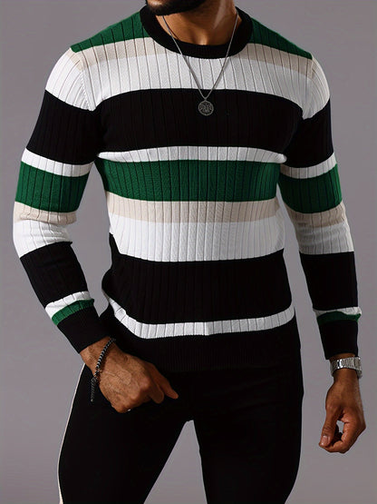 Pull rayé en tricot côtelé pour homme – Pull Color Block Automne Hiver