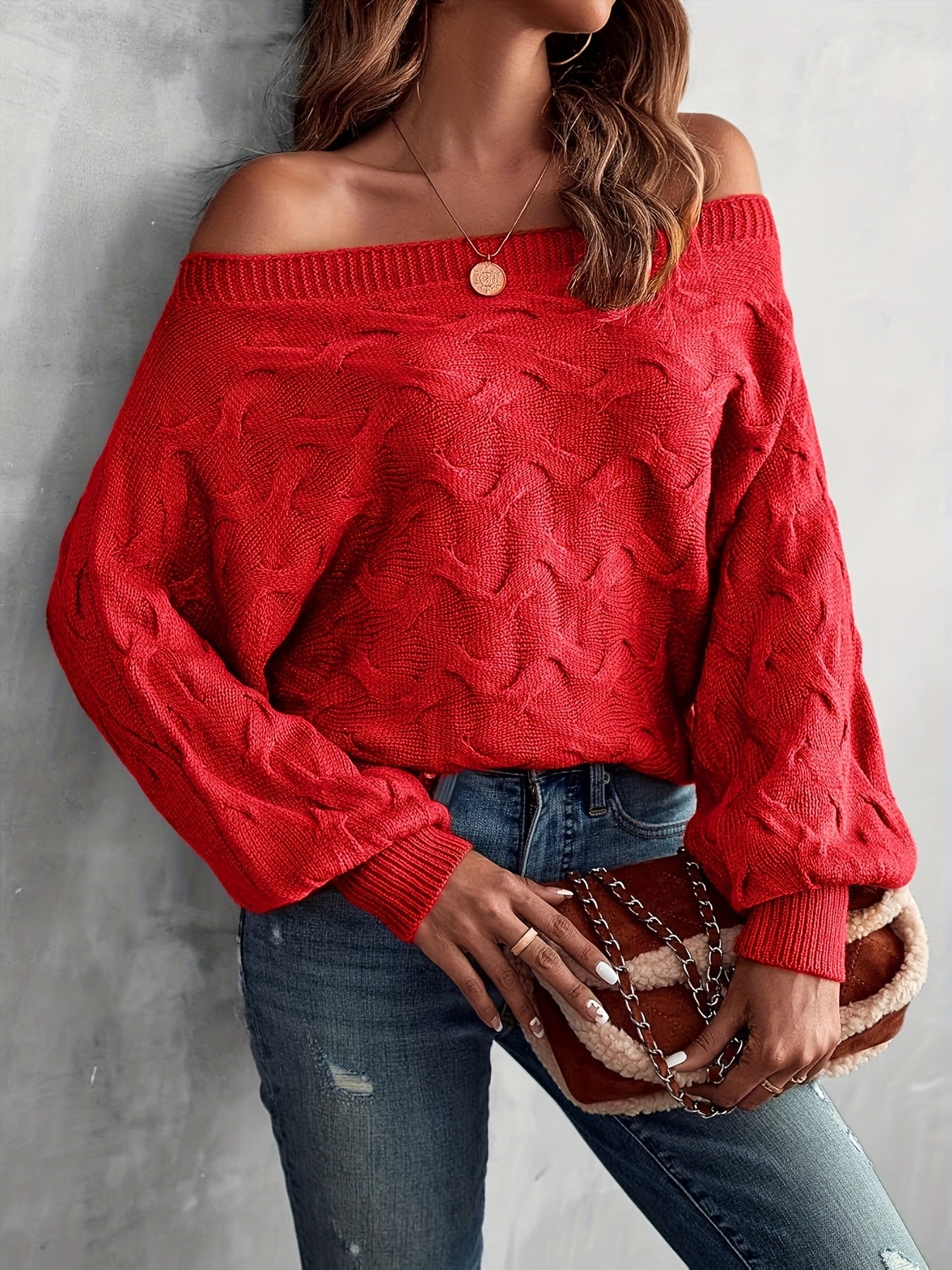 Suéter murciélago para mujer con hombros descubiertos – Tejido holgado para todas las estaciones