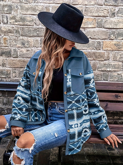 Chaqueta polar geométrica para mujer – Abrigo de invierno cálido con bloques de color