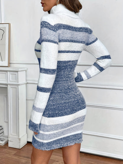 Vestido de jersey elegante de cuello alto a rayas – Ajustado de manga larga y bloques de color