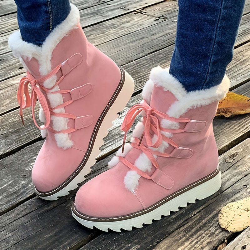 Bottes d'hiver élégantes à lacets pour femme – Chaussures chaudes mi-mollet en fausse fourrure pelucheuse