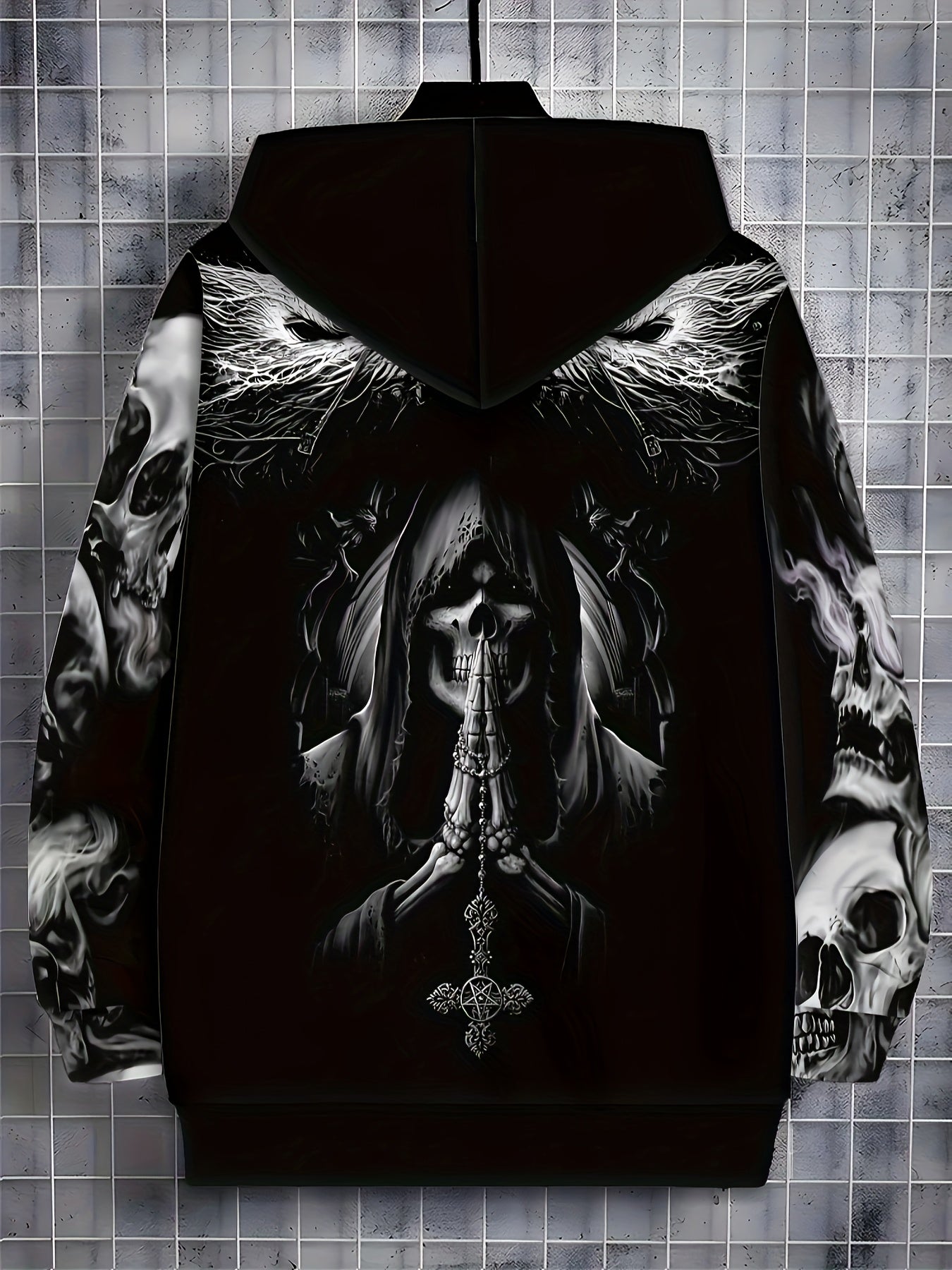 Sweat à capuche zippé gothique tête de mort pour homme Loom & Soul – Veste streetwear ailes enflammées