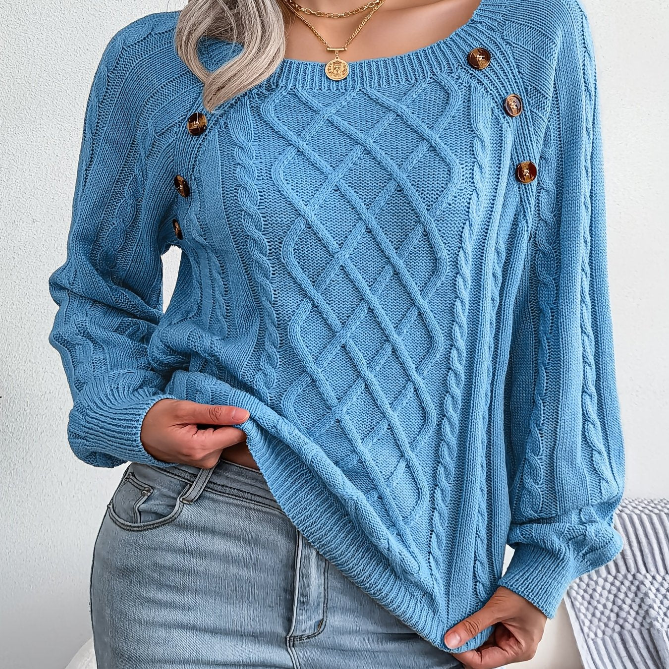 Jersey texturizado de mujer con manga farol – Top de punto con detalles de botones
