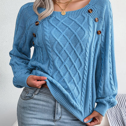 Jersey texturizado de mujer con manga farol – Top de punto con detalles de botones