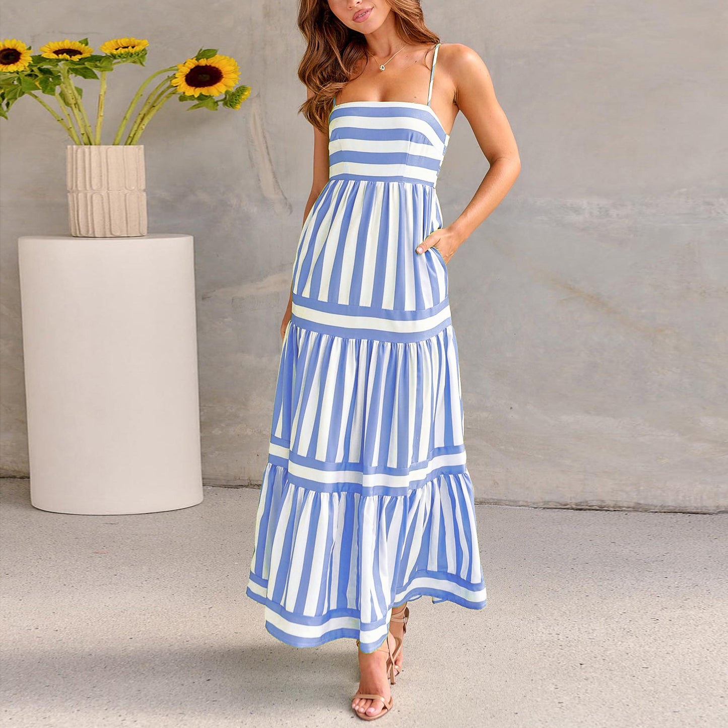 Robe longue rayée Loom & Soul™ – Robe de plage décolletée dans le dos à col carré pour femme avec poches