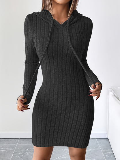 Vestido bodycon acanalado con capucha para mujer – Lazo ajustable, manga larga, corte lápiz