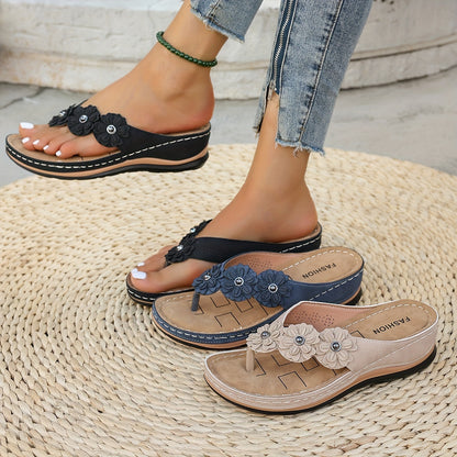 Sandalias tipo chancleta de cuña floral – Elegantes zapatos de verano con plataforma
