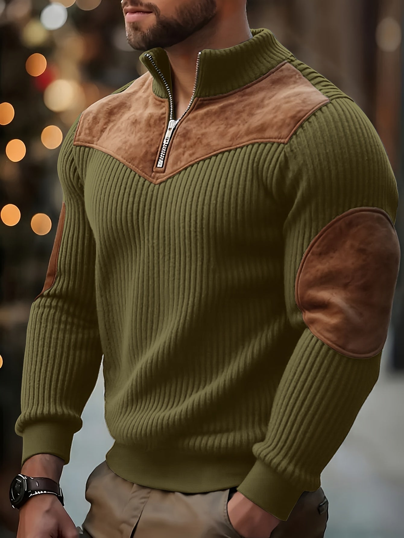 Jersey retro de cuello alto y media cremallera para hombre – Cálido y de canalé