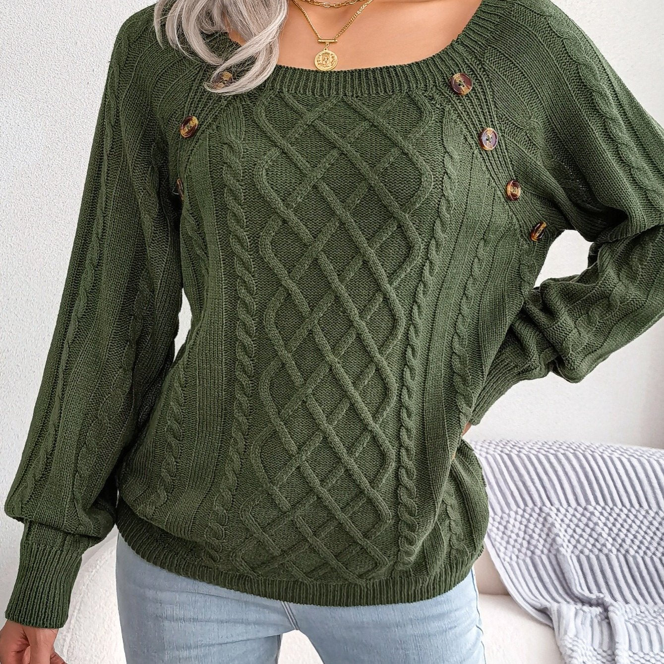 Jersey texturizado de mujer con manga farol – Top de punto con detalles de botones