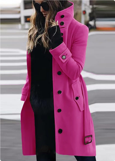 Abrigo de lana con cuello levantado Loom & Soul™ – Cárdigan de invierno ajustado para mujer con diseño de botonadura simple