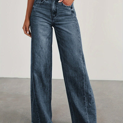 Pantalones vaqueros de mujer de talle alto y pernera ancha – Vaqueros elásticos informales holgados