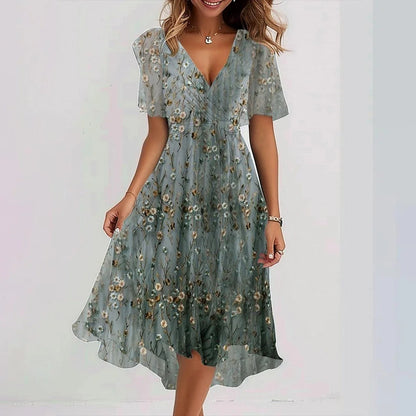 Loom & Soul™ Vestido floral de chifón – Vestido midi elegante de verano con cuello en V y manga corta para mujer