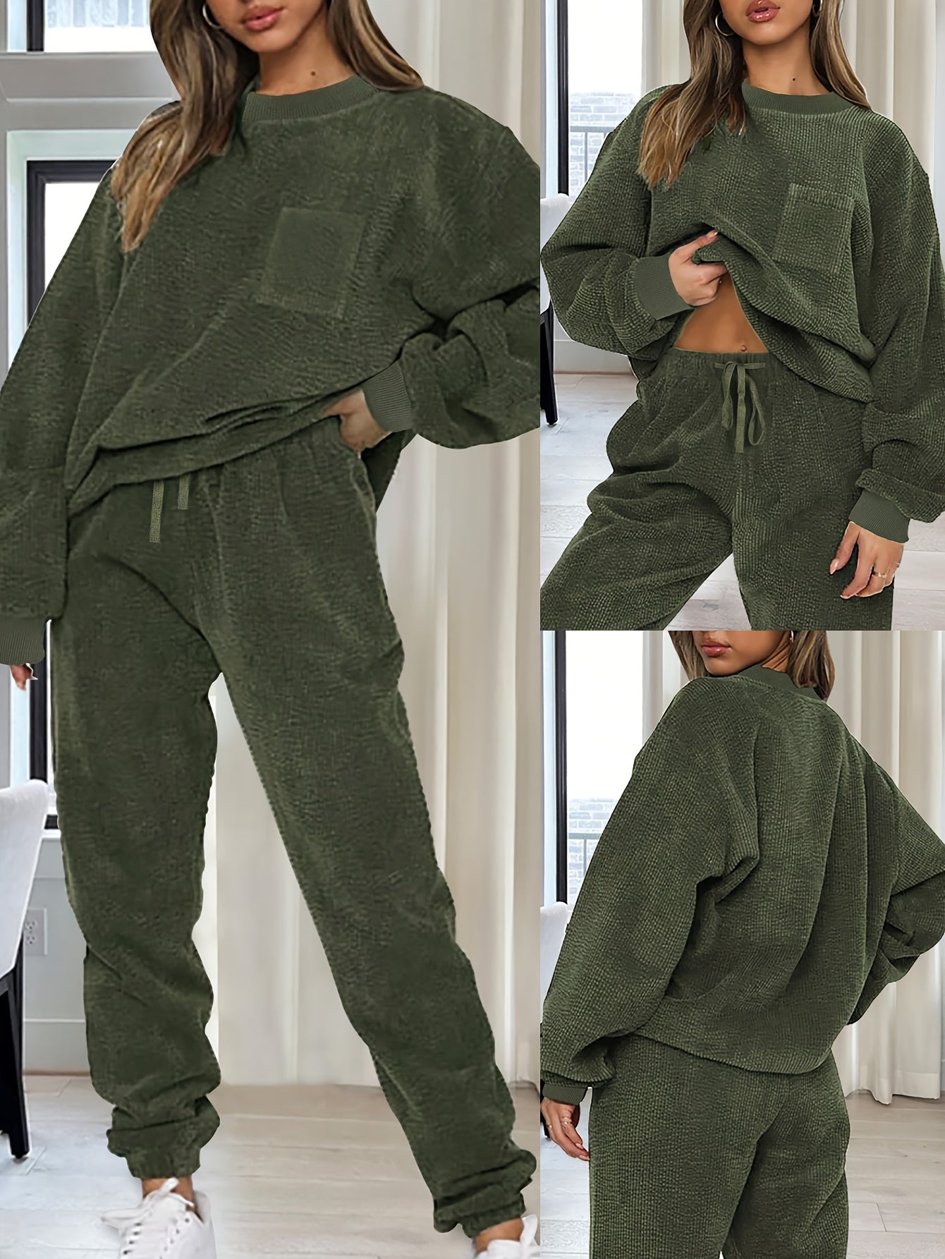 Conjunto de dos piezas de color liso – Top de cuello redondo y pantalón con cordón para mujer