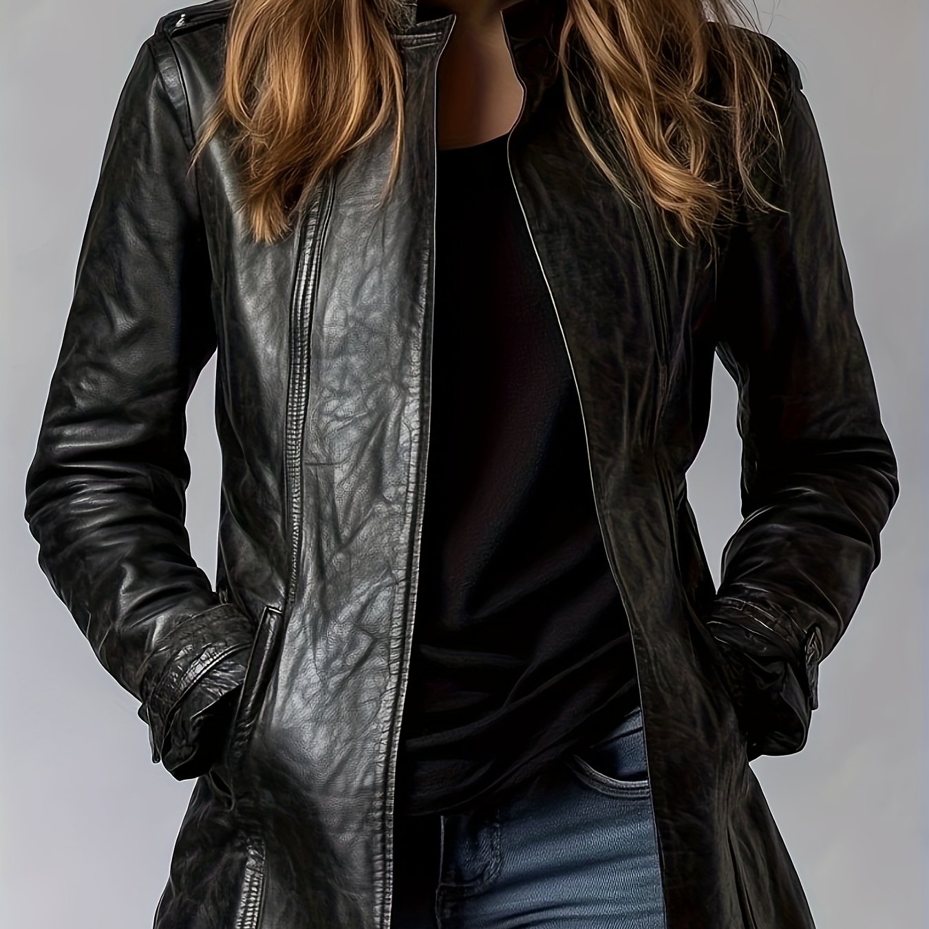 Women’s PU Motorcycle Jacket – Vintage Stand Collar Retro Zip Coat