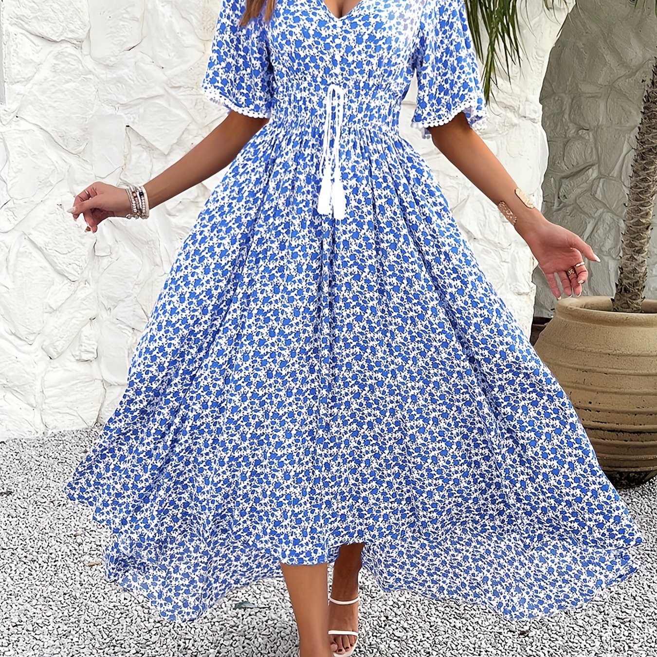 Floral Tassel V-Neck Dress – Elegant Printed A-Line Midi Dress