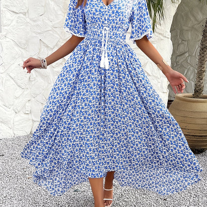 Floral Tassel V-Neck Dress – Elegant Printed A-Line Midi Dress