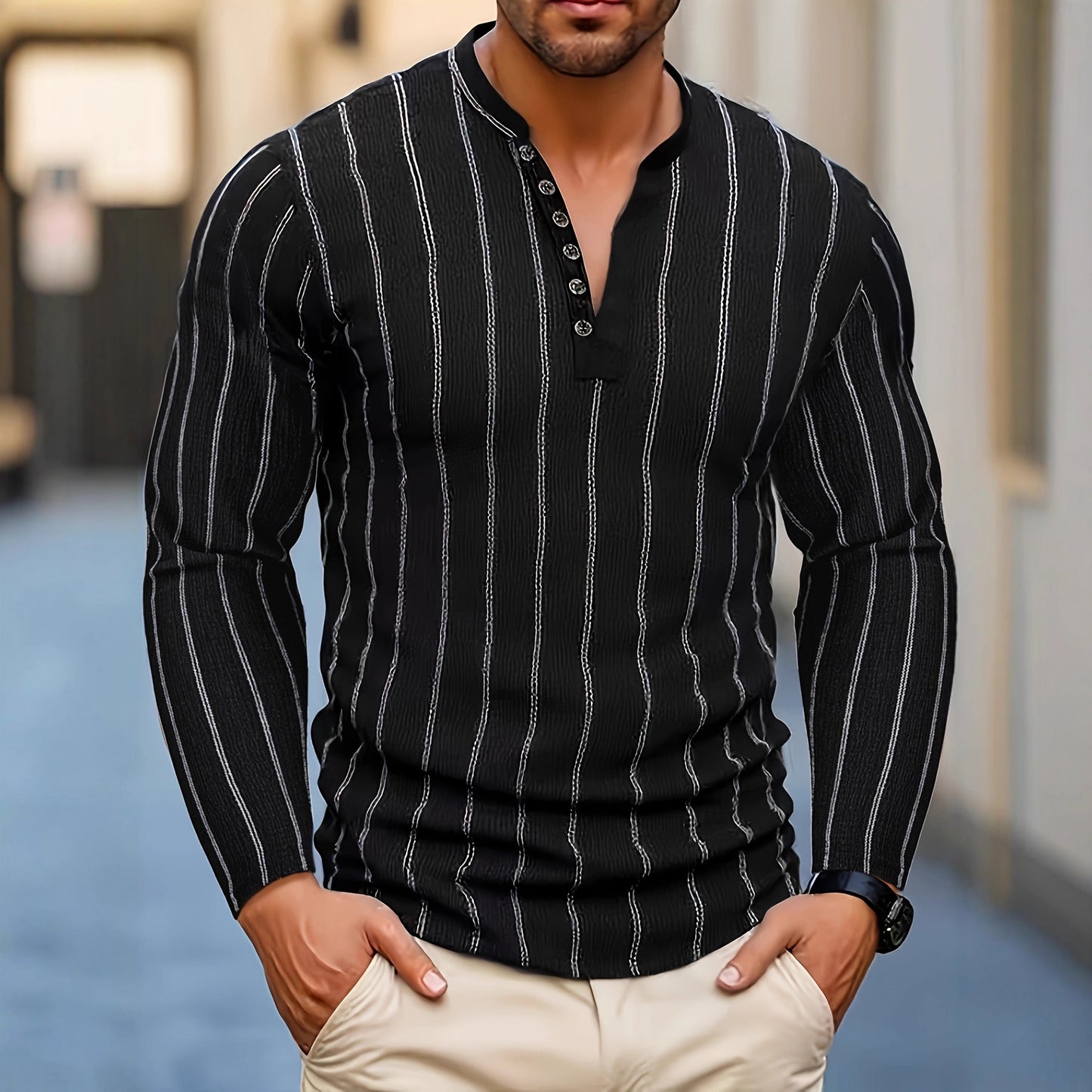 Jersey de manga larga a rayas y cuello redondo para hombre – Suéter informal ajustado