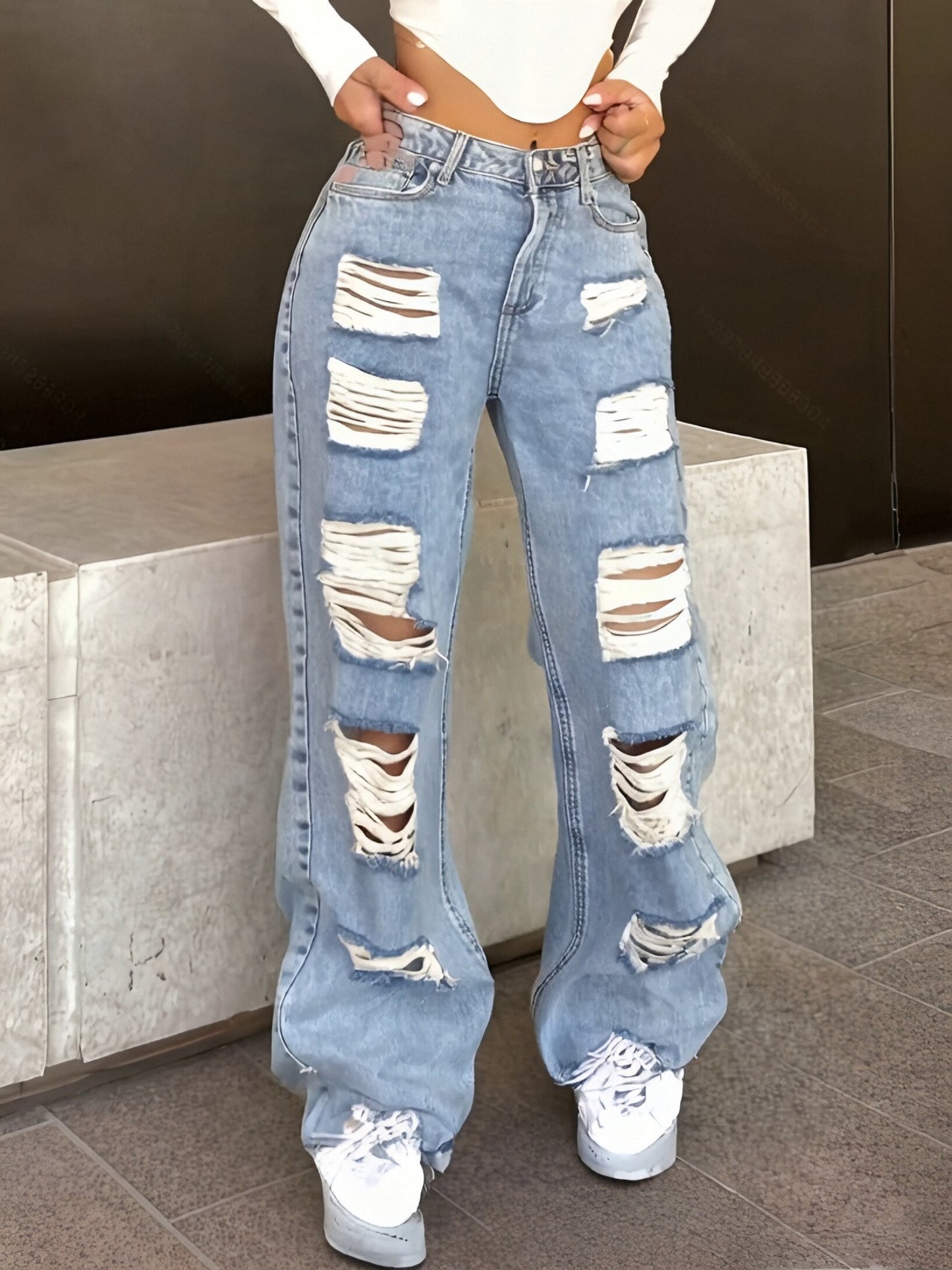 Vaqueros anchos vintage desgastados – Denim clásico lavado azul estilo urbano