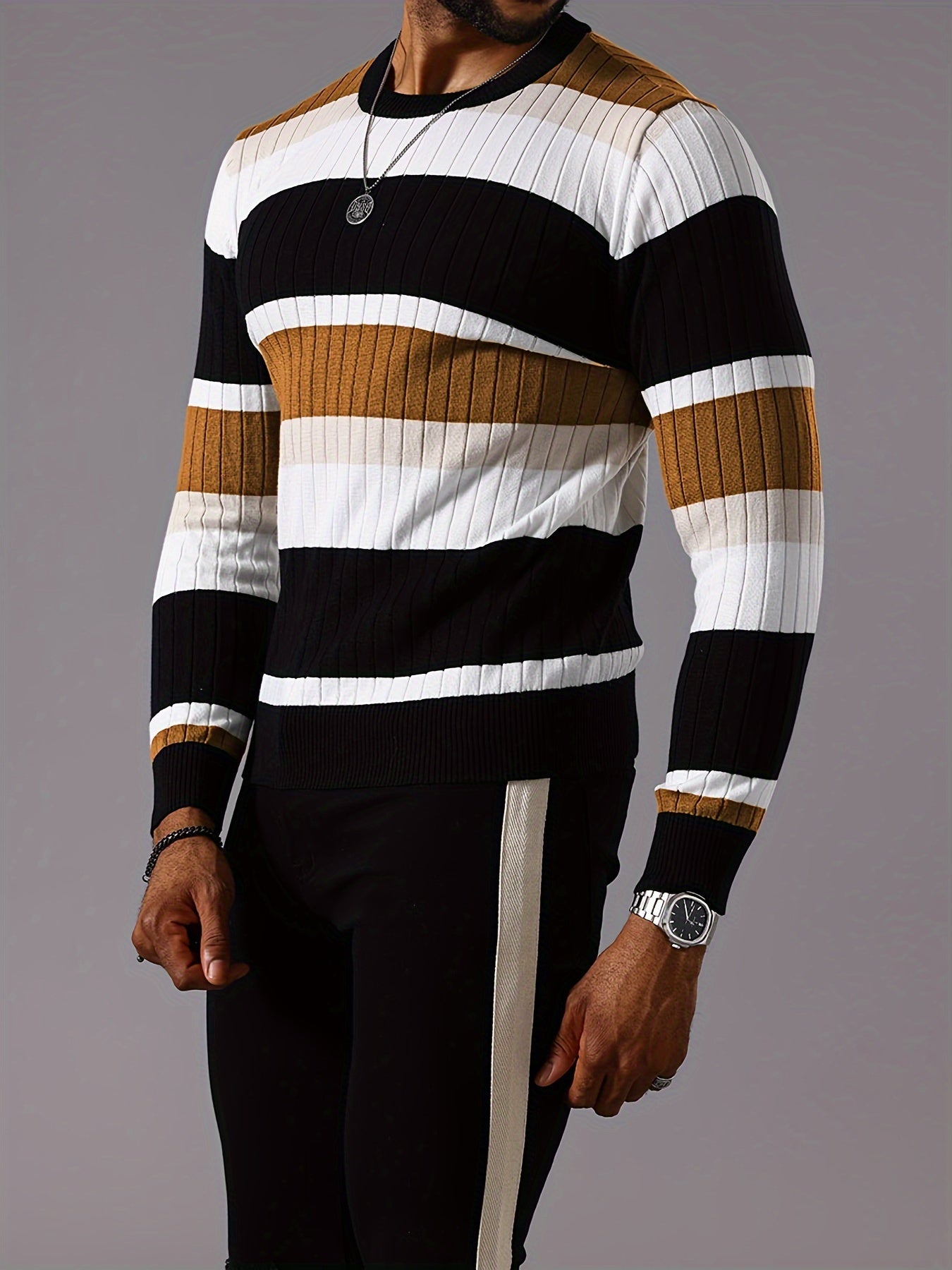 Pull rayé en tricot côtelé pour homme – Pull Color Block Automne Hiver