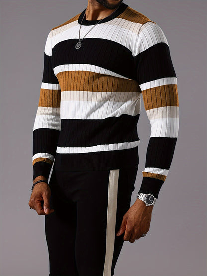 Pull rayé en tricot côtelé pour homme – Pull Color Block Automne Hiver