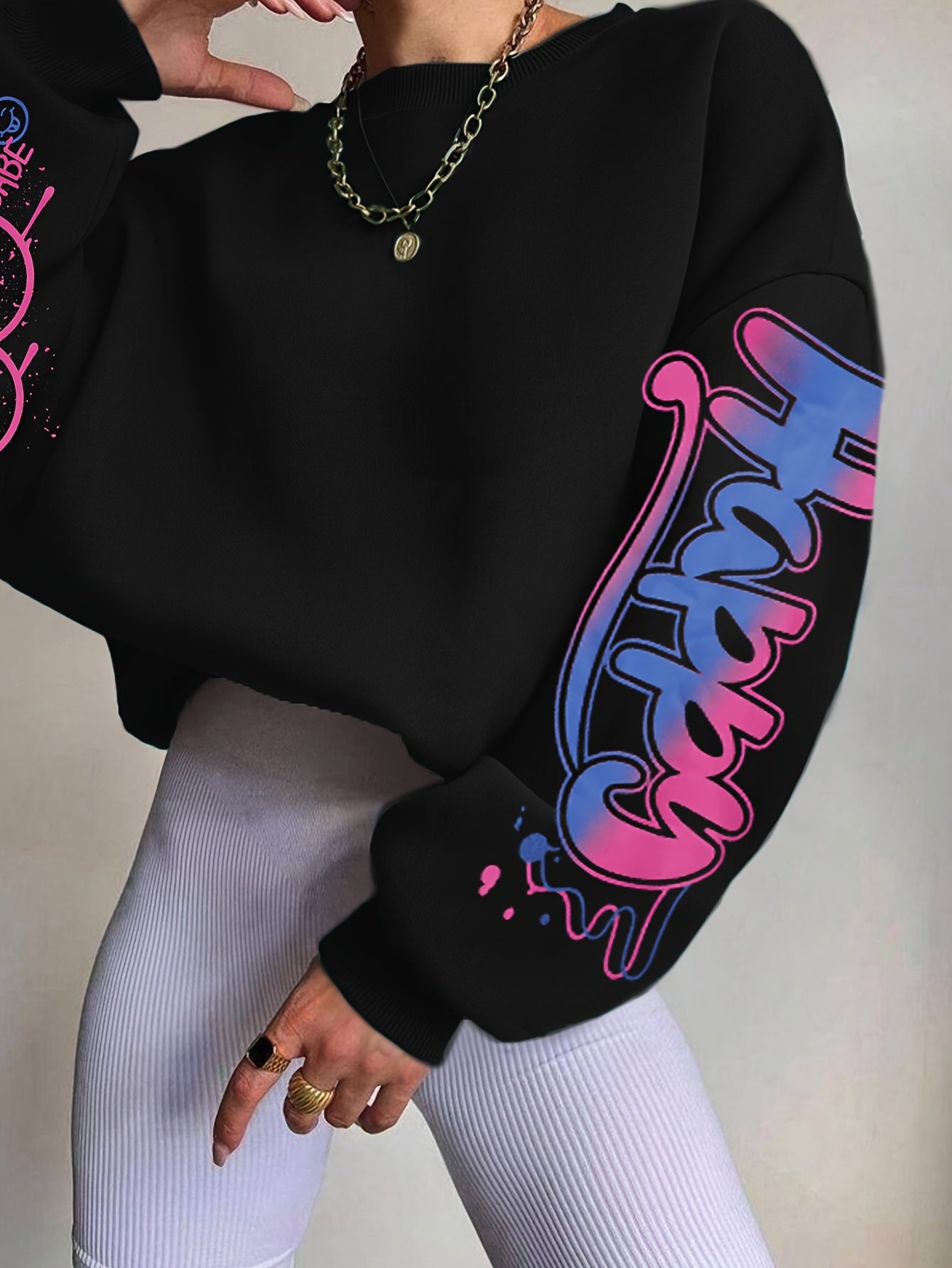 Sudadera con letras de grafiti para mujer – Jersey artístico negro para otoño/invierno
