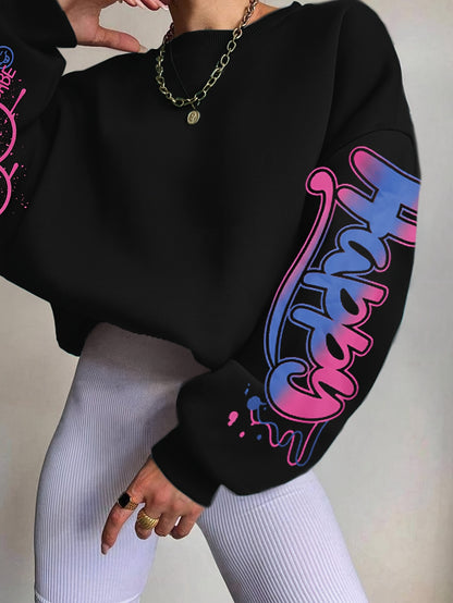 Sudadera con letras de grafiti para mujer – Jersey artístico negro para otoño/invierno