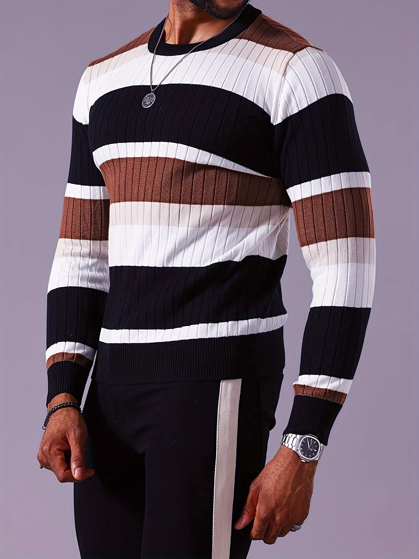 Pull rayé en tricot côtelé pour homme – Pull Color Block Automne Hiver