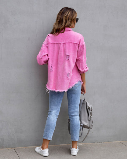 Chaqueta camisera rasgada Loom & Soul para mujer – Top casual de ajuste holgado con botones para primavera y otoño