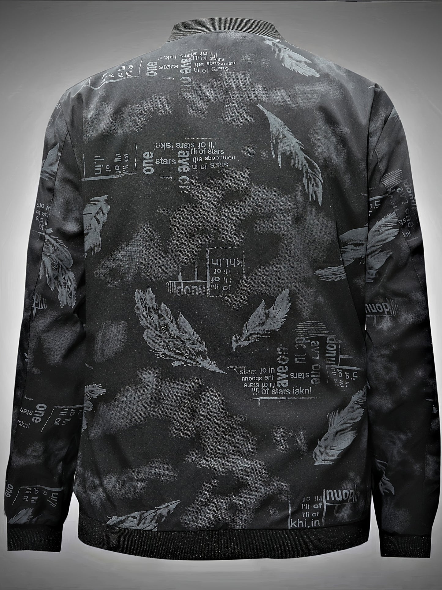 Men’s Feather Print Track Jacket – Zip-Up Baseball Collar Street Coat