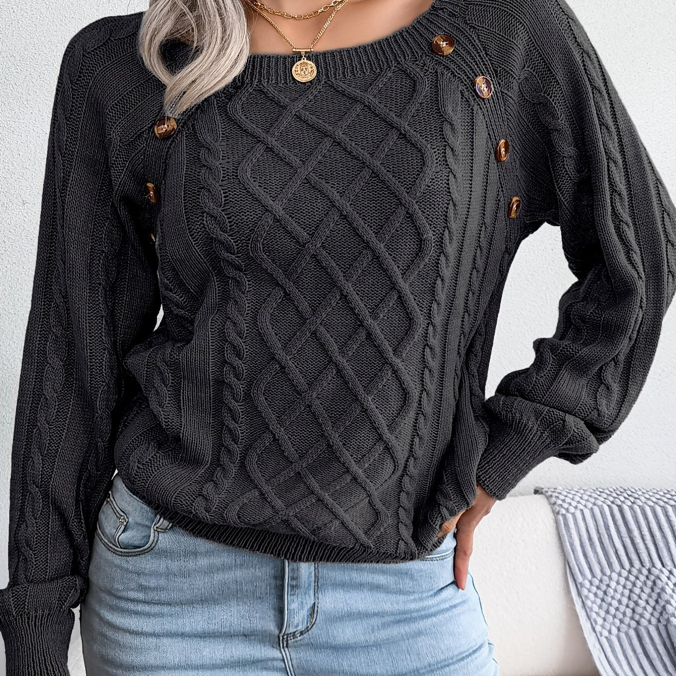 Jersey texturizado de mujer con manga farol – Top de punto con detalles de botones