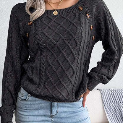 Jersey texturizado de mujer con manga farol – Top de punto con detalles de botones