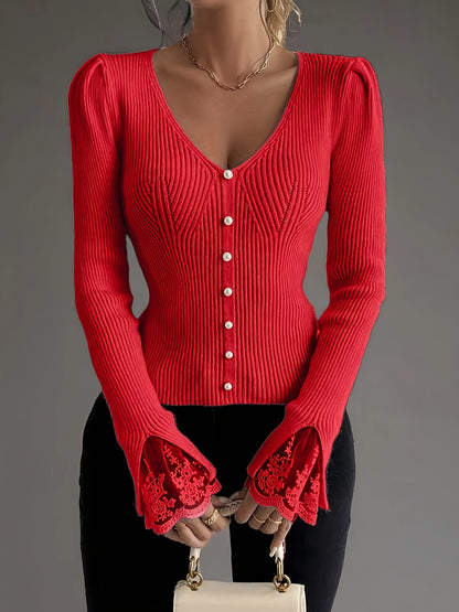 Pull élégant rose à col en V pour femme – Haut en maille côtelée à manches longues