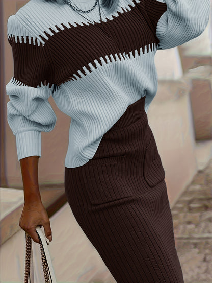 Conjunto de suéter y falda de cuello alto con bloques de color – Dos piezas elegantes de invierno