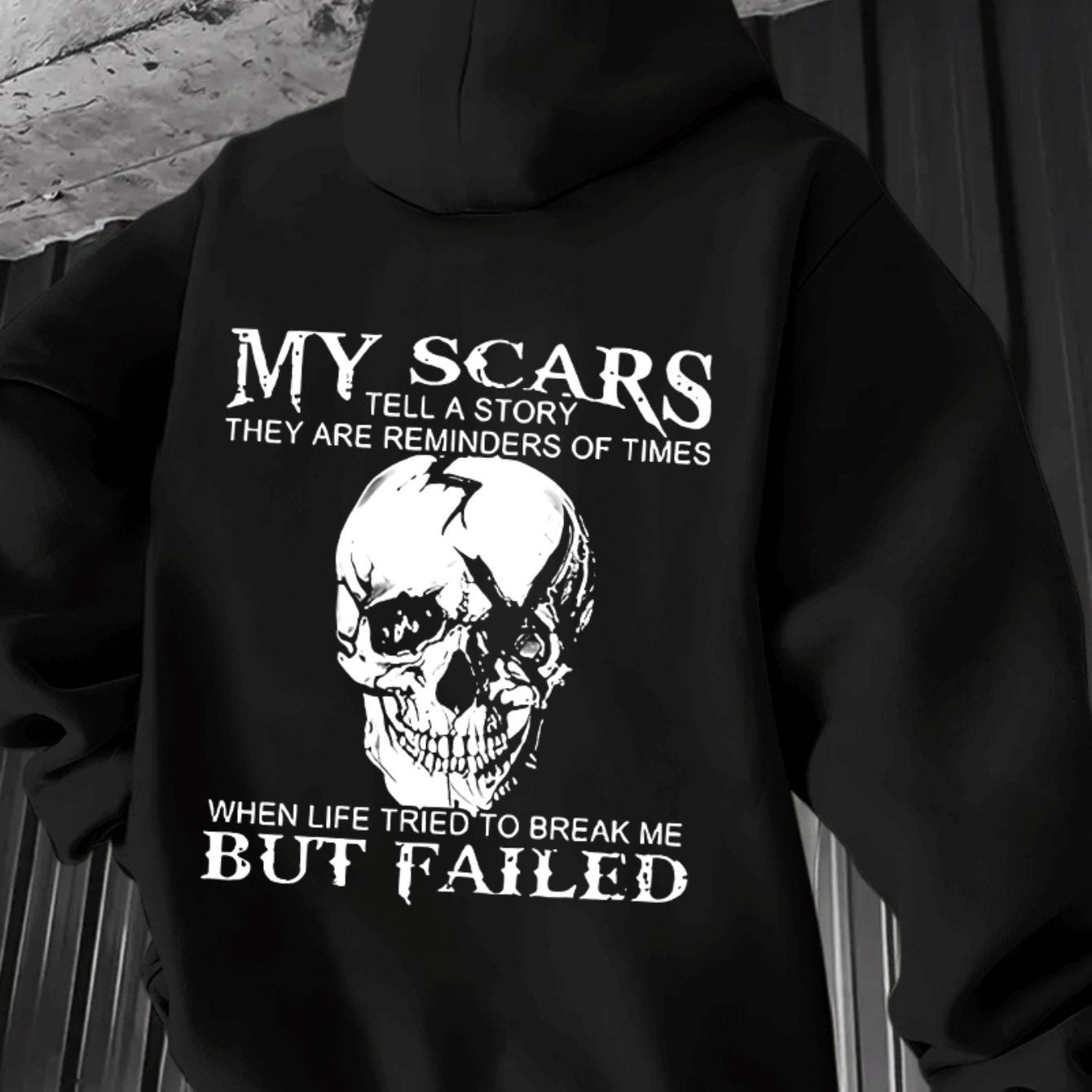 Sweat à capuche homme « My Scars Tell a Story » – Imprimé tête de mort au dos, motivation