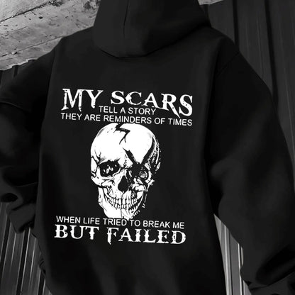 Sweat à capuche homme « My Scars Tell a Story » – Imprimé tête de mort au dos, motivation