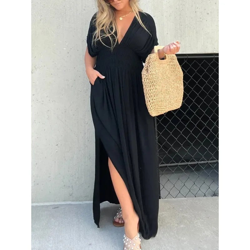 Robe longue fendue à col en V Loom & Soul™ pour femme – Robe longue d'été à manches courtes et taille élastique